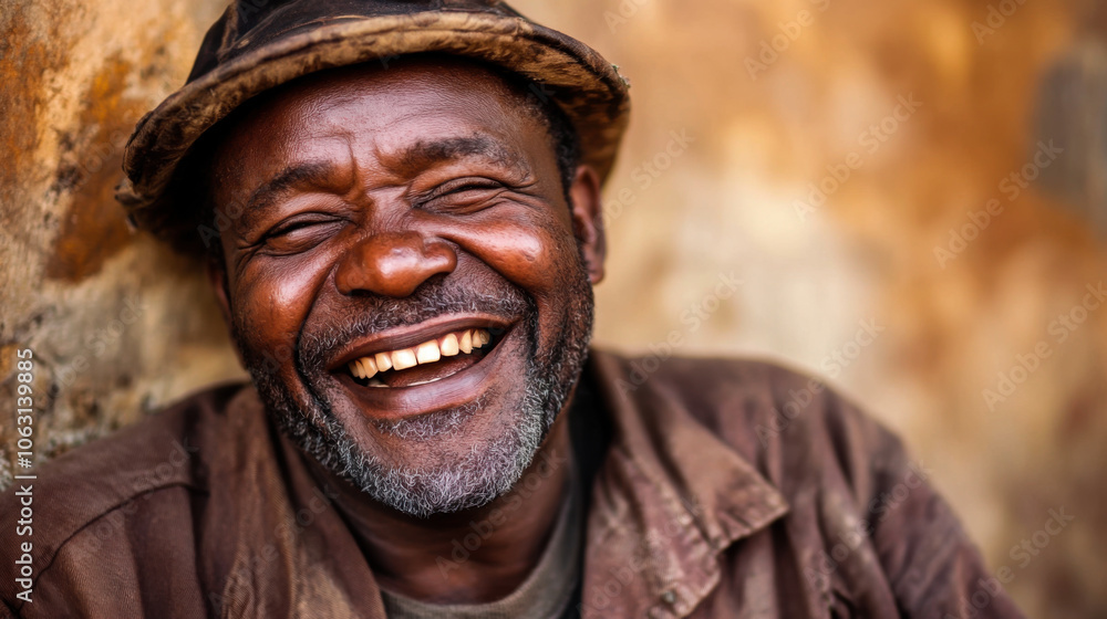Joyful elder with a warm smile enjoying a moment of happiness in a rustic outdoor setting Joyful elder with a warm smile enjoying a moment of happiness in a rustic outdoor setting