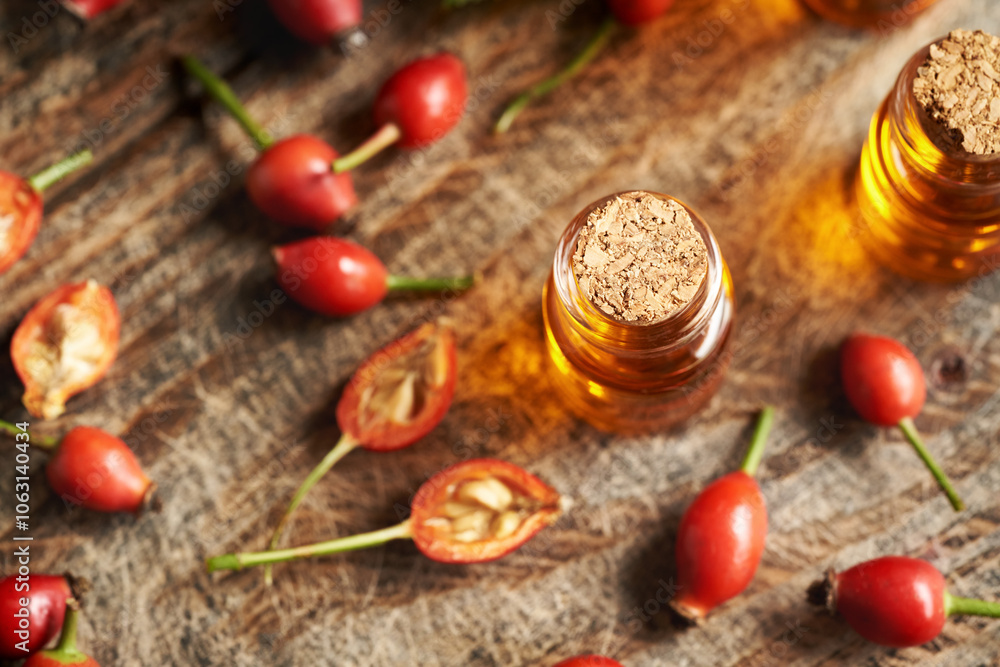 Rose hip seed oil in a glass bottle Rose hip seed oil in a glass bottle