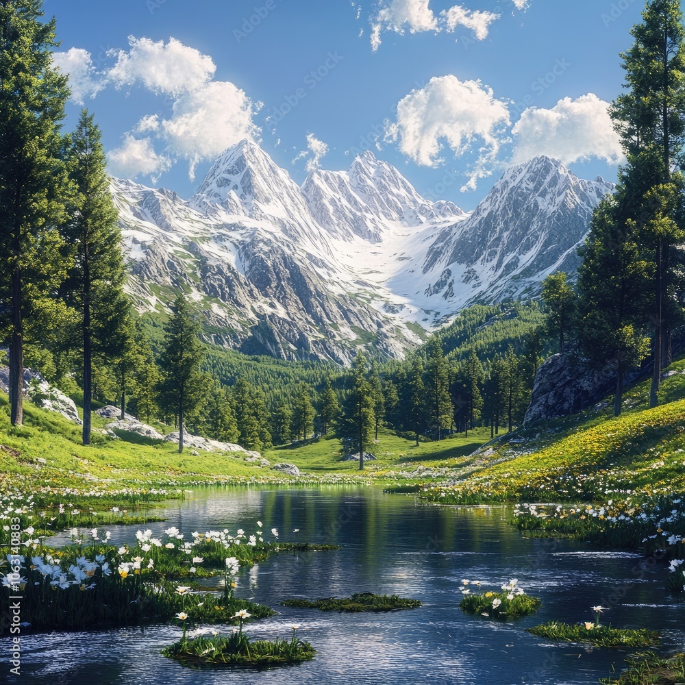 Fototapeta premium Alpine meadows with snow-capped peaks 