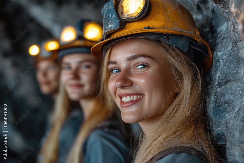 Smiling young female miner with a helmet lamp, standing inside a tunnel with colleagues. Smiling young female miner with a helmet lamp, standing inside a tunnel with colleagues.