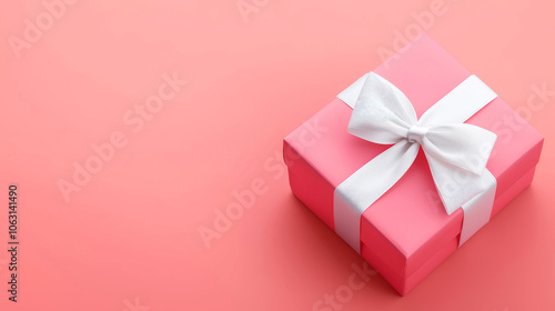 Pink gift box with white satin ribbon tied in a bow on pastel background