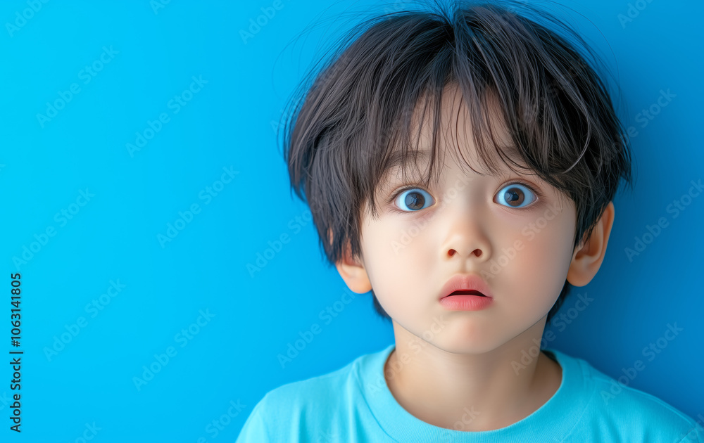 Young boy with wide eyes looks surprised against a bright blue background in a playful setting Young boy with wide eyes looks surprised against a bright blue background in a playful setting