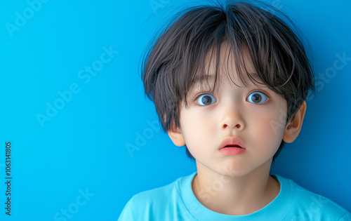 Young boy with wide eyes looks surprised against a bright blue background in a playful setting photo