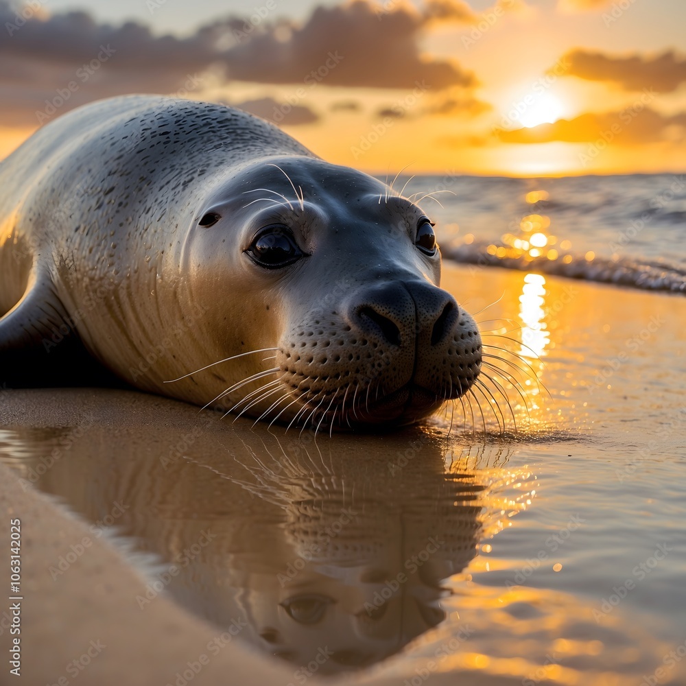 Obraz premium Radiant Waves: A Monk Seal's Peaceful Sunset Reflection