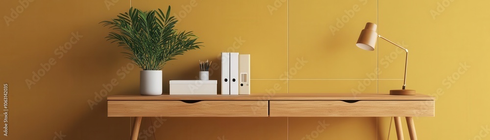 Cozy office nook with wooden desk and mustard-colored wall tiles, 3D illustration Cozy office nook with wooden desk and mustard-colored wall tiles, 3D illustration