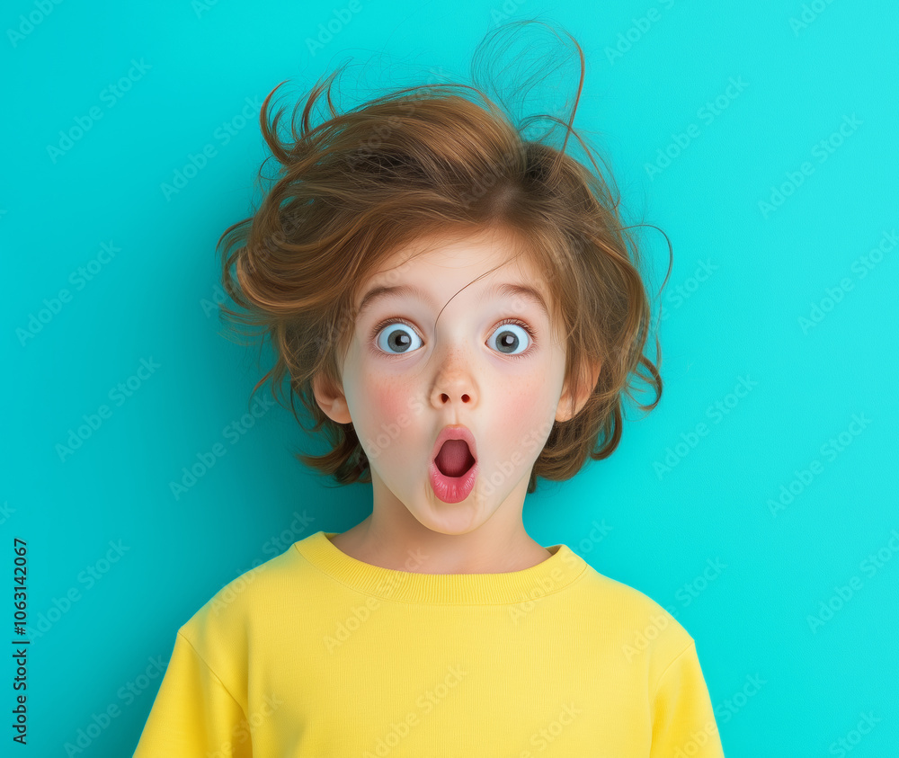 A surprised child with curly hair expressing joy in front of a turquoise backdrop A surprised child with curly hair expressing joy in front of a turquoise backdrop