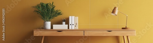 Cozy office nook with wooden desk and mustard-colored wall tiles, 3D illustration