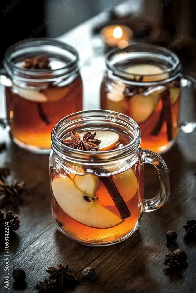 Apple Cider: A top-down view of a mug filled with warm apple cider, garnished with star anise and a floating cinnamon stick. Apple Cider: A top-down view of a mug filled with warm apple cider, garnished with star anise and a floating cinnamon stick.