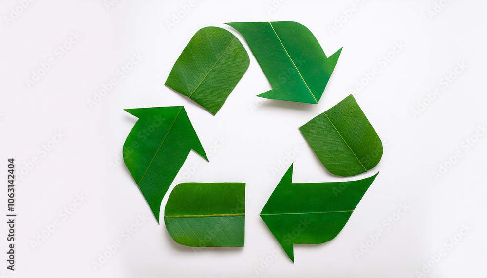 Green leaf textured recycling sign on white background. Top view. Green leaf textured recycling sign on white background. Top view.