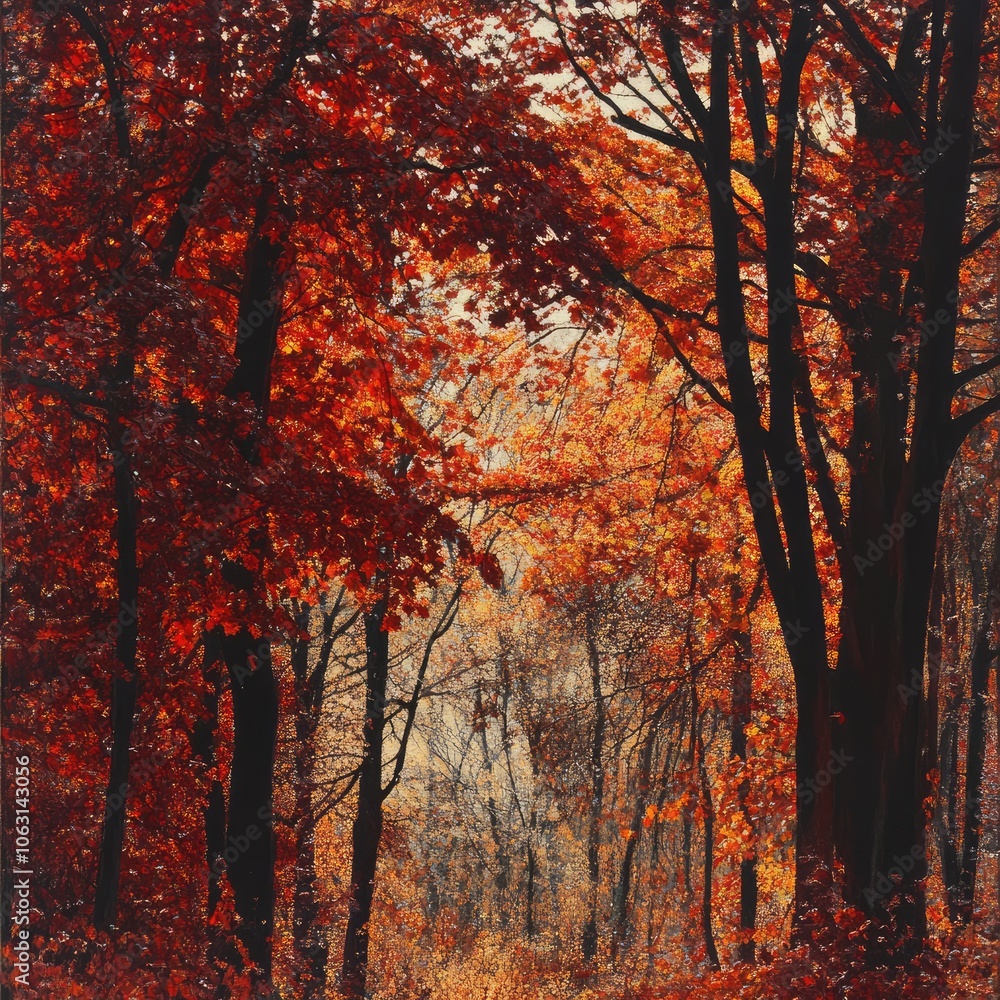 Autumnal forest with vibrant red and orange foliage on tree canopies Autumnal forest with vibrant red and orange foliage on tree canopies