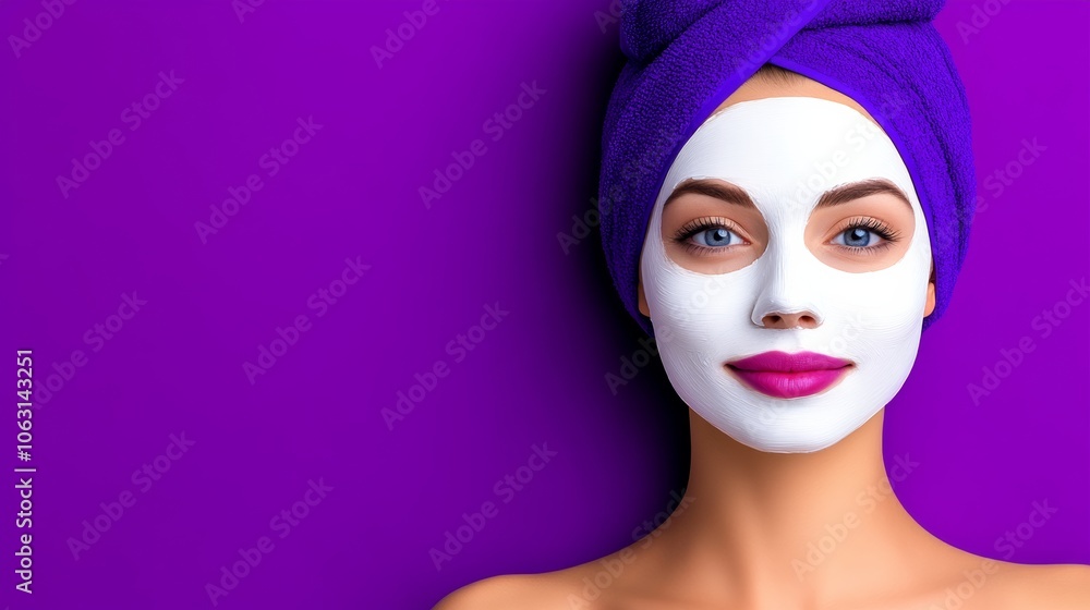 Woman with a white face mask on and a purple scarf around her head. The woman is smiling and looking at the camera Woman with a white face mask on and a purple scarf around her head. The woman is smiling and looking at the camera