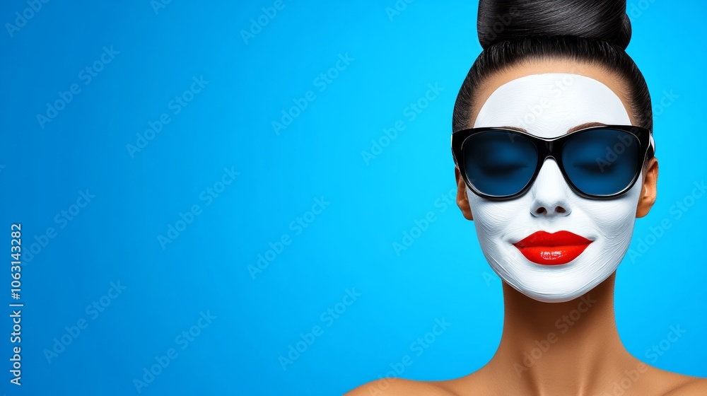 Woman with a white face and red lips is wearing sunglasses. The image has a bright and cheerful mood, with the woman's smile and the sunglasses adding a sense of fun and playfulness Woman with a white face and red lips is wearing sunglasses. The image has a bright and cheerful mood, with the woman's smile and the sunglasses adding a sense of fun and playfulness