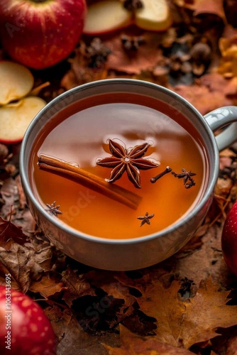 Apple Cider: A top-down view of a mug filled with warm apple cider, garnished with star anise and a floating cinnamon stick.