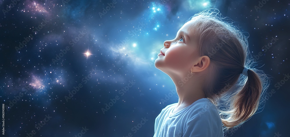 A young child gazing at the stars, filled with wonder and imagination in a cosmic landscape of stars and galaxies.