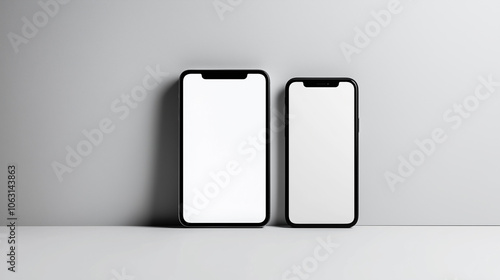 Two smartphones with blank screens, one smaller and one larger, positioned side by side on a neutral background. Ideal for app design, user interface mockups, or tech displays.