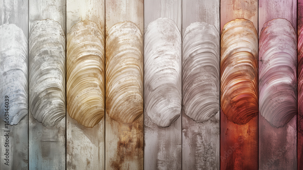 Fototapeta premium Weathered seashells on rustic wooden planks in natural tones. Minimal background for design. Minimalistic stylish copy space