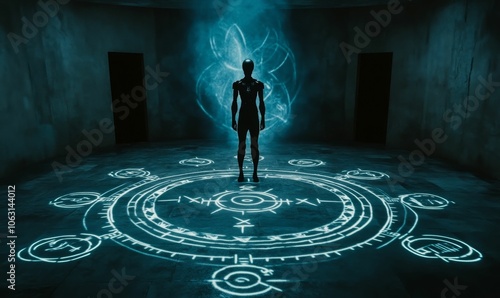 Silhouette stands on glowing magical circle.