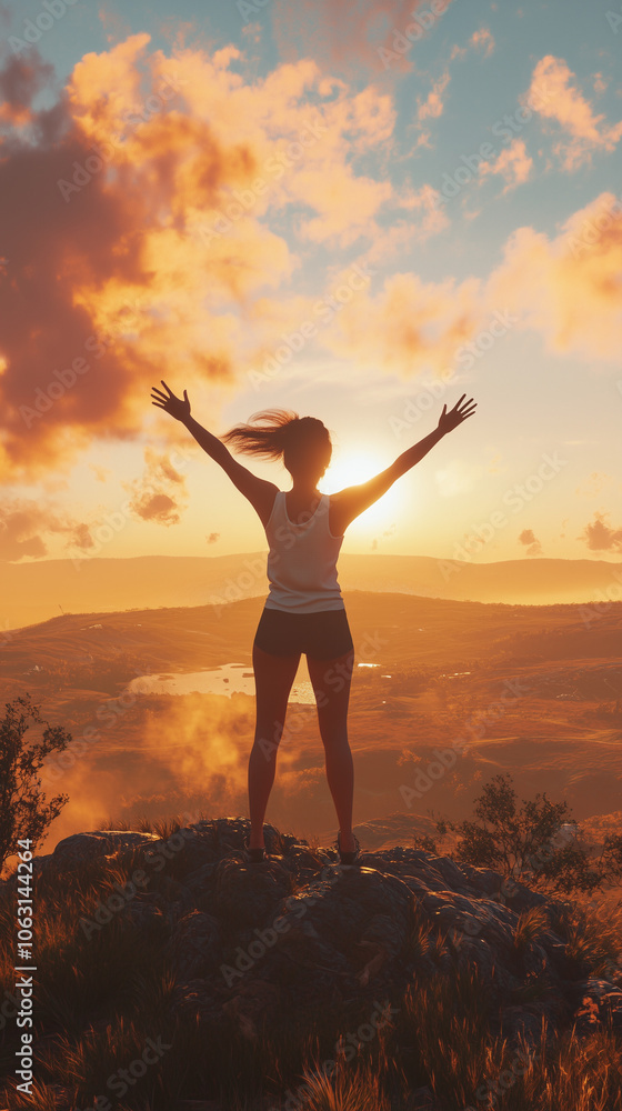 strong woman standing on top of a hill at sunrise, wind blowing through her hair, arms raised in victory, open landscape in the background strong woman standing on top of a hill at sunrise, wind blowing through her hair, arms raised in victory, open landscape in the background