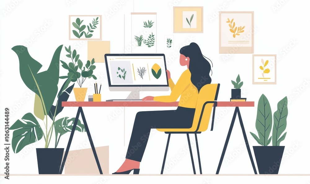 Woman working on computer, surrounded by plants. Woman working on computer, surrounded by plants.