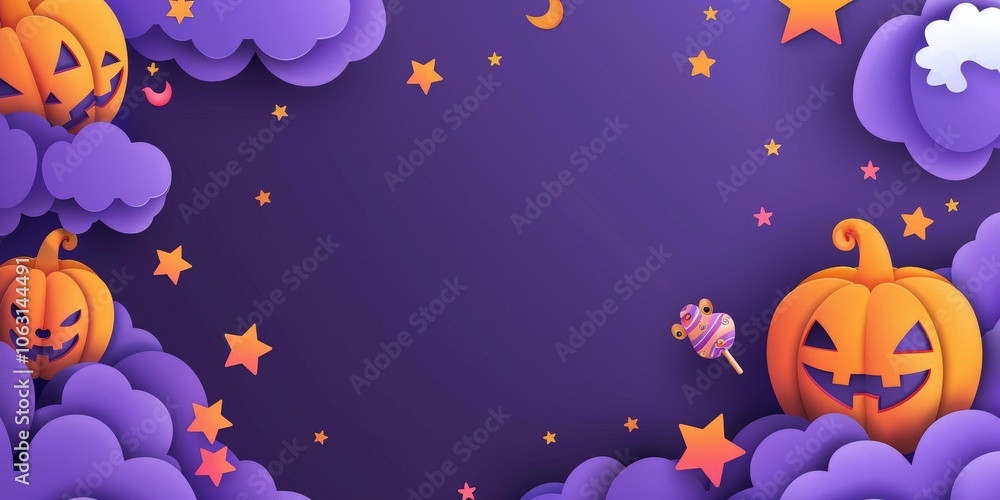 Halloween Night Sky with Paper Cut-Out Pumpkins and Clouds Halloween Night Sky with Paper Cut-Out Pumpkins and Clouds