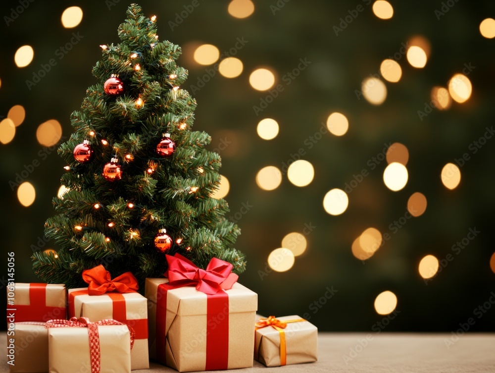 A festive Christmas tree surrounded by beautifully wrapped gifts. A festive Christmas tree surrounded by beautifully wrapped gifts.