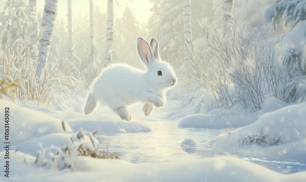 White rabbit leaping over winter stream. White rabbit leaping over winter stream.