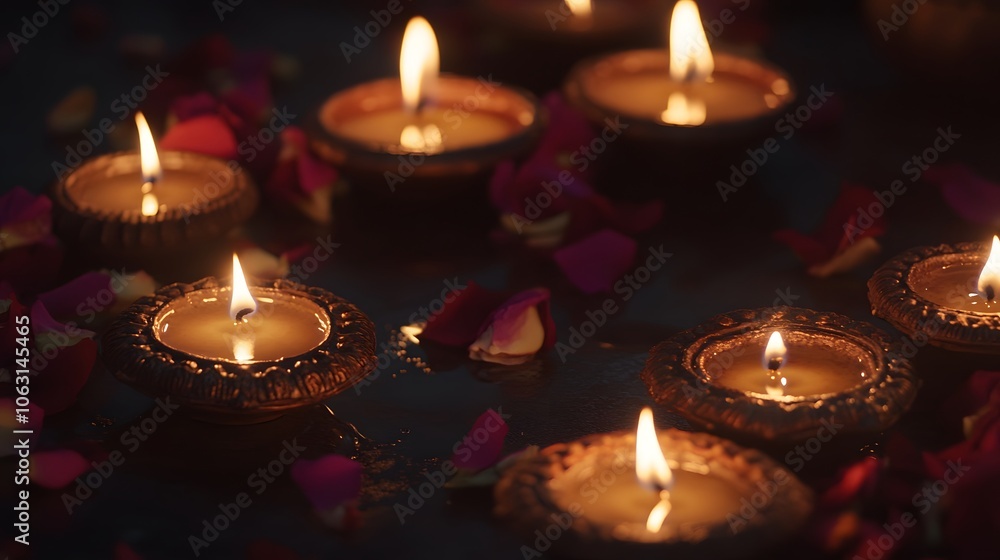 Lit Candles and Rose Petals on a Dark Surface Lit Candles and Rose Petals on a Dark Surface