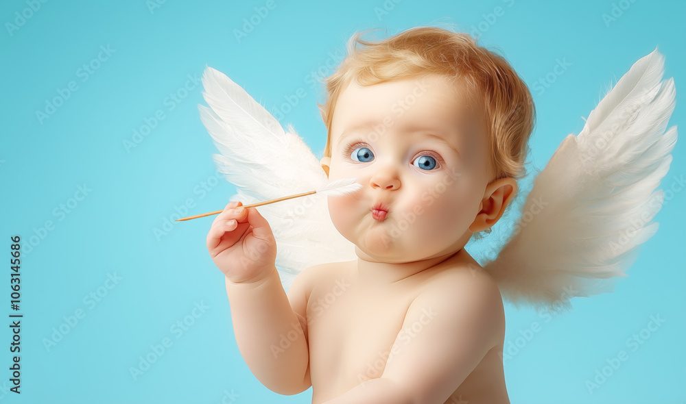 Fototapeta premium Cute baby Cupid with angel wings blowing bubbles against a blue background in a playful setting
