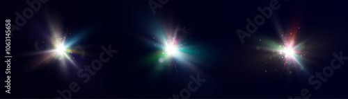 Bright light effect with rays and glare shines with colorful light for vector illustration.	
