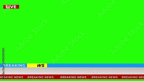 Breaking News - Lower third live breaking news background green screen and seamless looping ticker with blank text boxes.