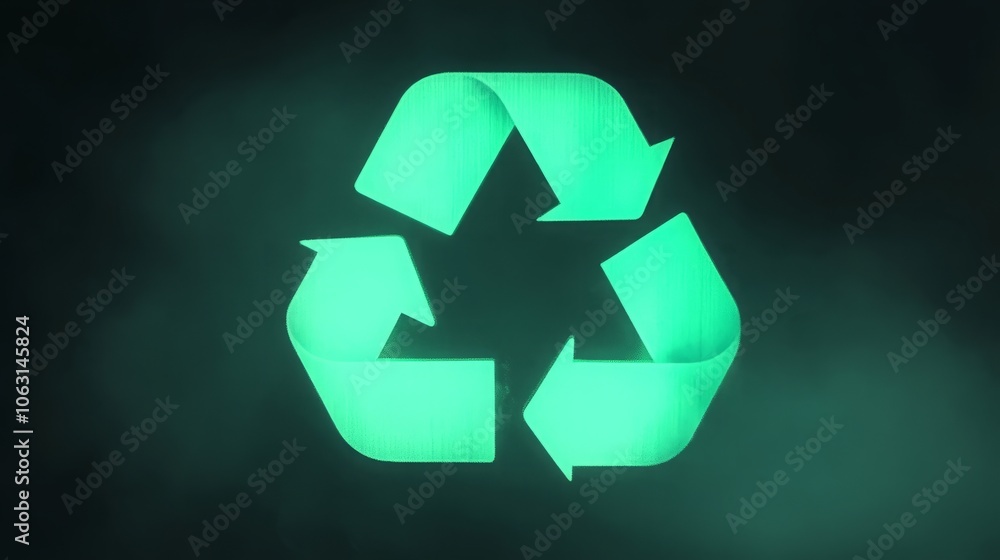 A glowing green recycling symbol against a dark background. A glowing green recycling symbol against a dark background.