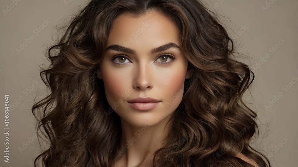 Naklejka premium portrait of a woman, Portrait of a woman with voluminous, wavy brunette hair and a subtle makeup look, placed against a neutral background