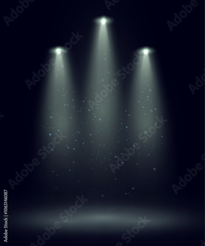 Light sources, concert lighting, stage spotlights. Spotlight beam with the effect of bright flickering light. Vector	
