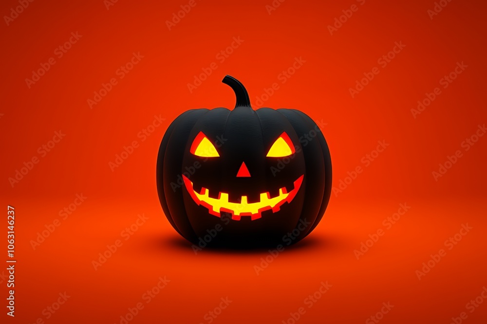 A black jack-o'-lantern with a sinister grin glows on a red background. A black jack-o'-lantern with a sinister grin glows on a red background.
