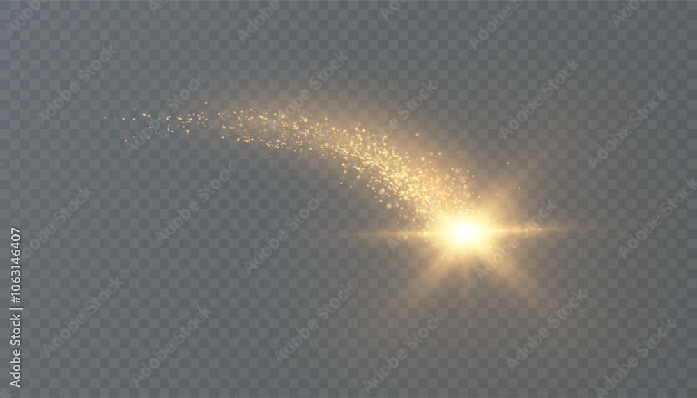 Golden magic comet with lots of sparkling dust shimmering light effects. Magic golden wind for web design and fabulous decoration. vector png