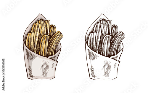 Hand-drawn sketch of churos. Vintage drawing of Mexican dessert. Vector black ink outline food illustration. Mexican food, cuisine. An illustration for the menu. Latin America.