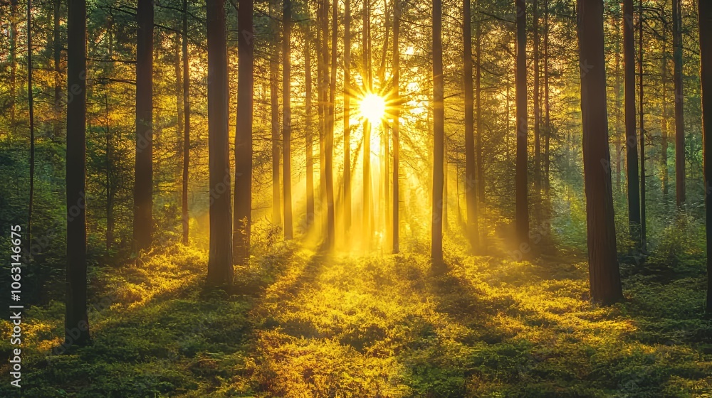 Fototapeta premium Sun rays burst through the trees in a misty forest.