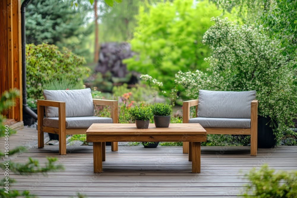 A picturesque garden setting showcasing a modern outdoor seating area with plush chairs and a wooden table, enveloped by vibrant and lush garden plants. A picturesque garden setting showcasing a modern outdoor seating area with plush chairs and a wooden table, enveloped by vibrant and lush garden plants.
