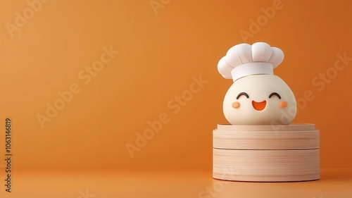 Dumpling character with a chef s hat, holding a mini steaming basket, happy and welcoming, chef dumpling character
