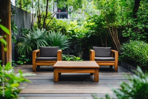 A charming outdoor scene featuring two elegant wooden chairs and a matching table, surrounded by diverse greenery, conveying tranquility and sophistication.