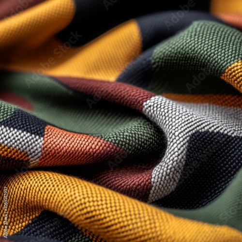 Vibrant Multicolored Textile Fabric with Geometric Patterns, Close-Up of Soft and Textured Cloth, Showing Rich Tones and Modern Design Elements, Ideal for Artistic Projects or Fashion Applications photo