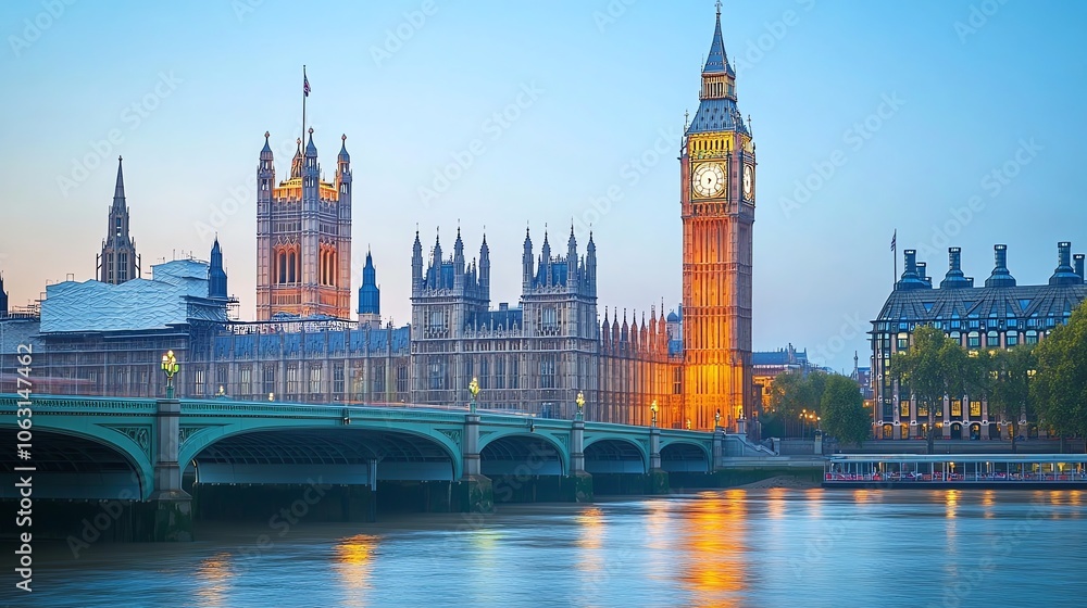 A view of the Houses of Parliament and Big Ben in London at sunset. A view of the Houses of Parliament and Big Ben in London at sunset.