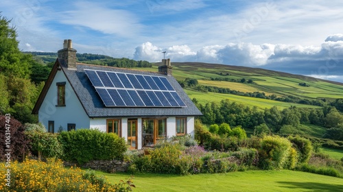 A white cottage with solar panels on the roof sits on a hillside overlooking a green valley with rolling hills.