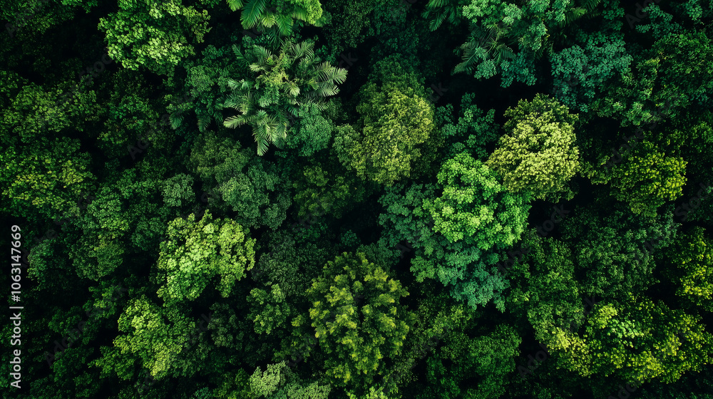 Aerial view of dense tropical forest canopy with vibrant green foliage Aerial view of dense tropical forest canopy with vibrant green foliage