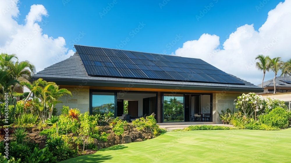 A modern home with solar panels on the roof, surrounded by lush greenery and a blue sky with white clouds. This home is a perfect example of how to live sustainably. A modern home with solar panels on the roof, surrounded by lush greenery and a blue sky with white clouds. This home is a perfect example of how to live sustainably.