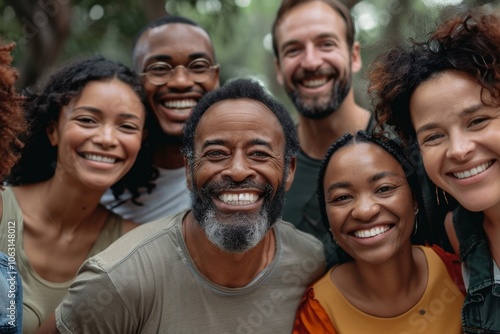 Portrait of group of diverse friends smiling and looking at camera in the park