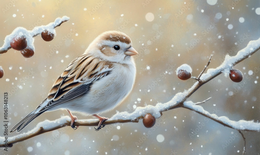 A bird perched on a snowy branch. A bird perched on a snowy branch.