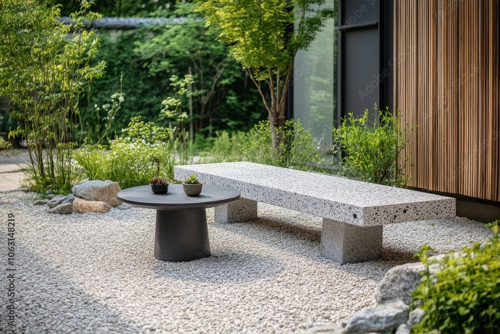 Obraz premium A contemporary garden featuring a sleek stone bench surrounded by lush plants, creating an inviting atmosphere that blends nature and modern design.