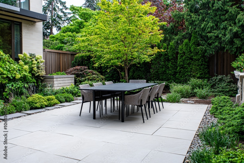 Obraz premium A spacious outdoor dining area surrounded by lush greenery, featuring a large table with wicker chairs. Perfect for stylish and comfortable al fresco dining.