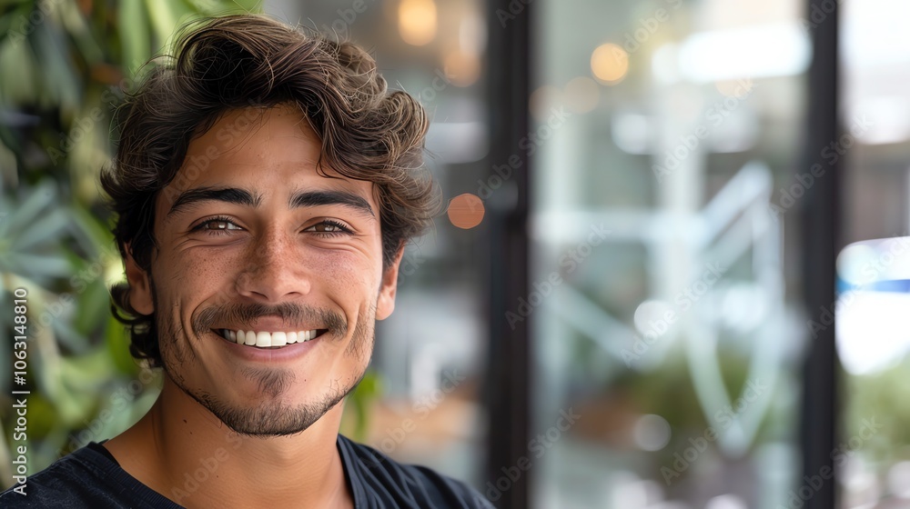 A young man with a warm smile, standing in front of a window with a plant wall behind him. A young man with a warm smile, standing in front of a window with a plant wall behind him.